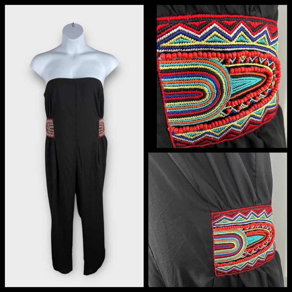 Bisou Bisou Pants Jumpsuit Womens X-Large Black Multicolor Boho Beaded Strapless